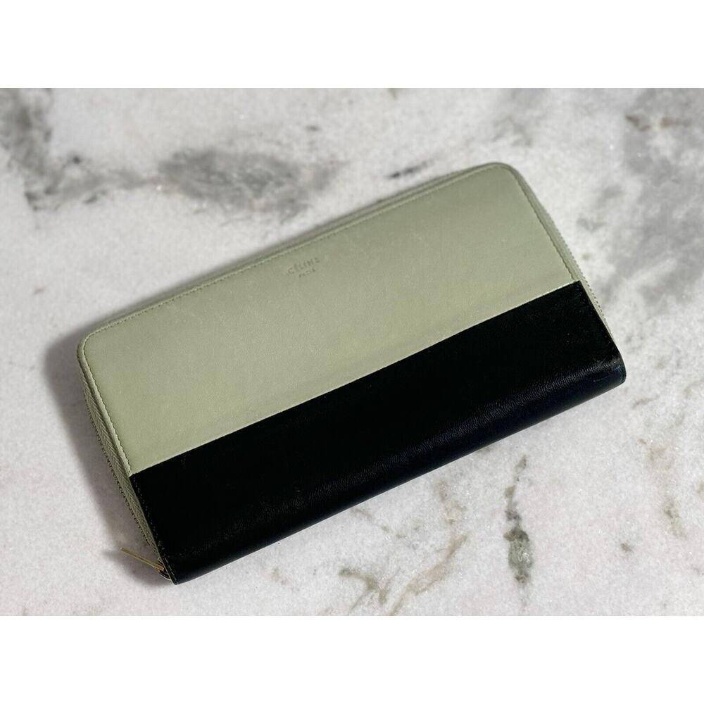 Auth. Celine Green & Black Large Lambskin Leather Long Zippy Wallet